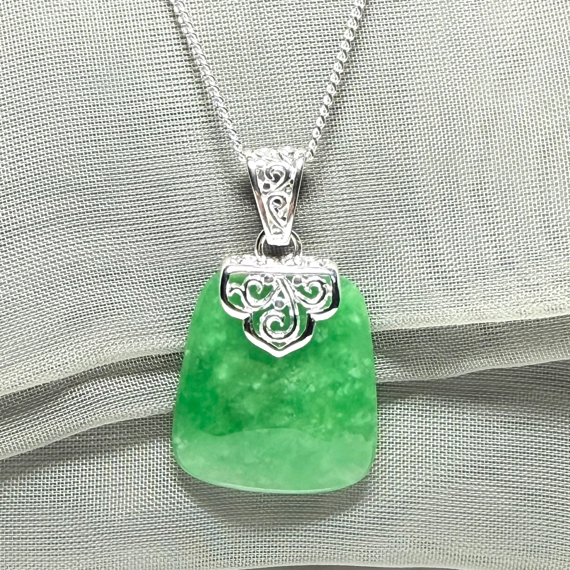 Real jade pendant green sterling silver large cushion shape, a gorgeous necklace