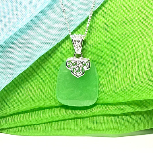 Real jade pendant green sterling silver large cushion shaped, a truly stunning necklace
