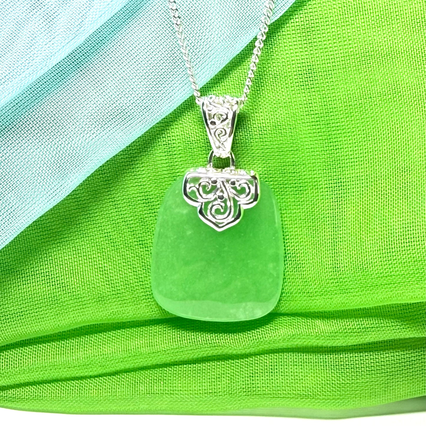 Real jade pendant green sterling silver large cushion shaped, a truly stunning necklace with chain too