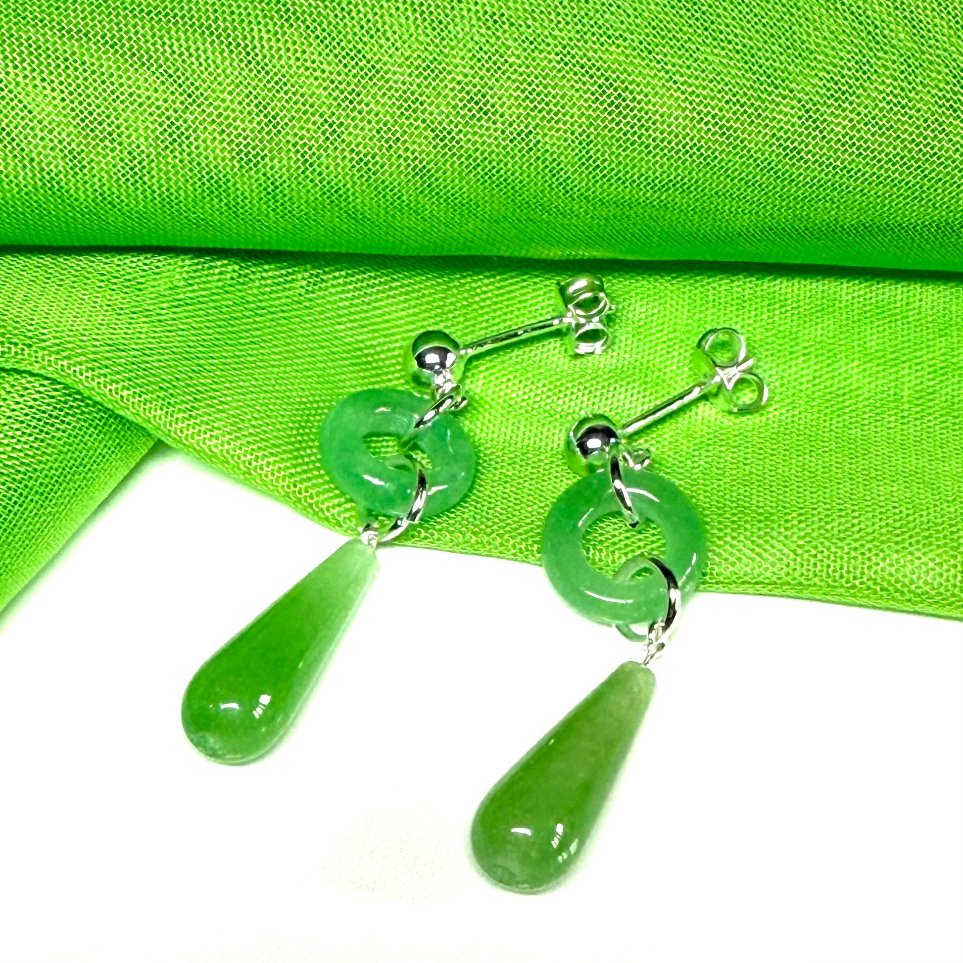 Real jade round and teardrop sterling silver dropped earrings