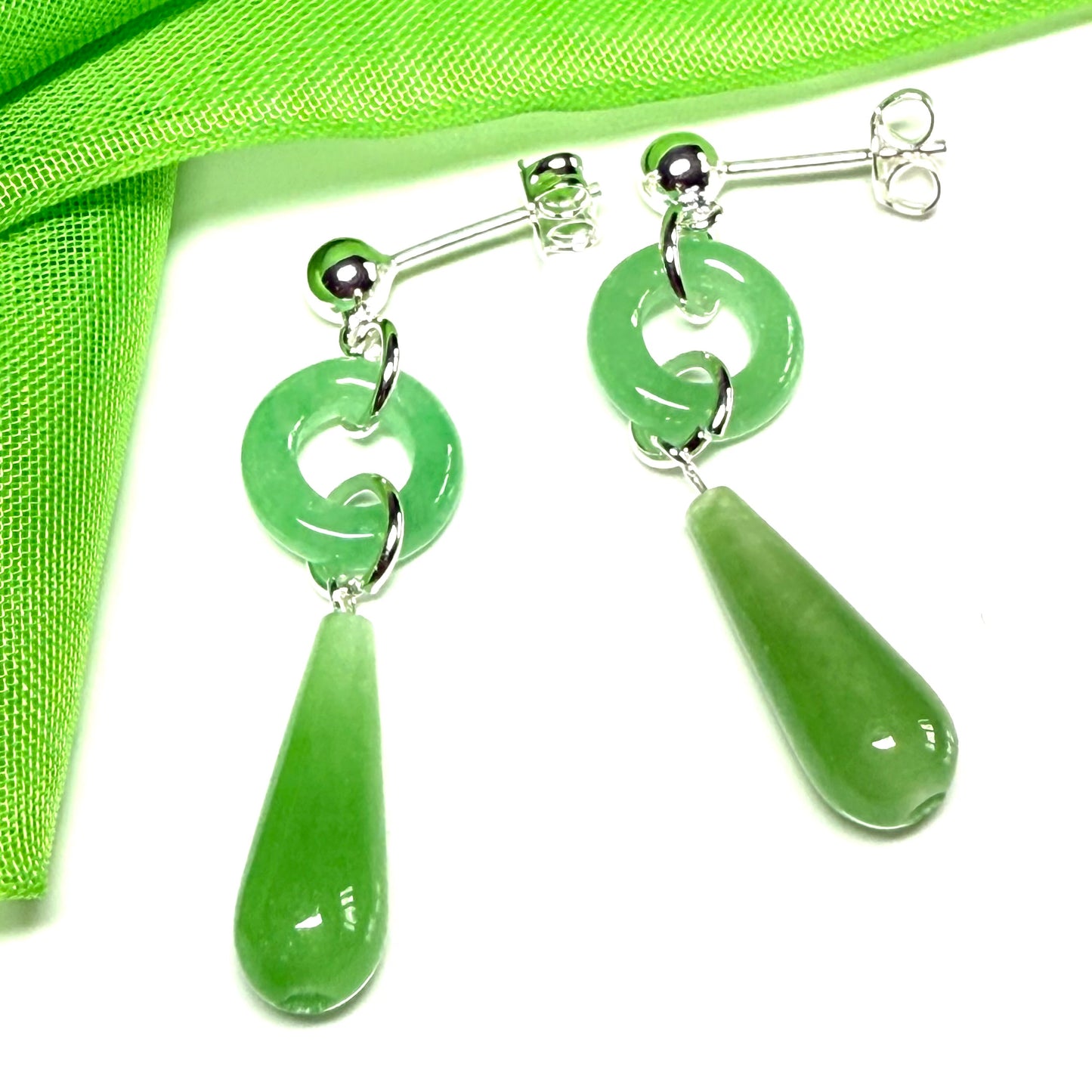 Real jade round and teardrop sterling silver dropped earrings
