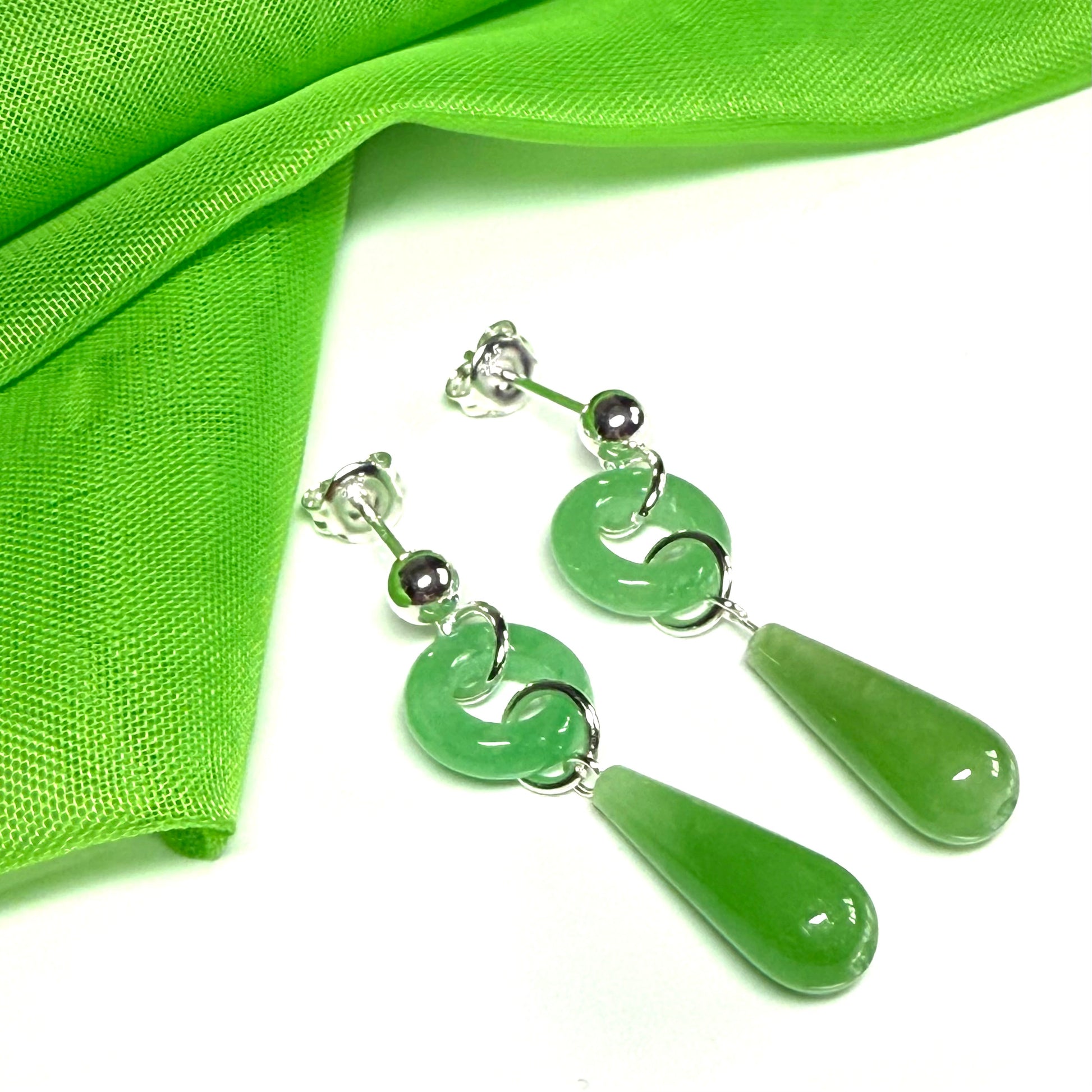 Real jade round and teardrop sterling silver dropped earrings