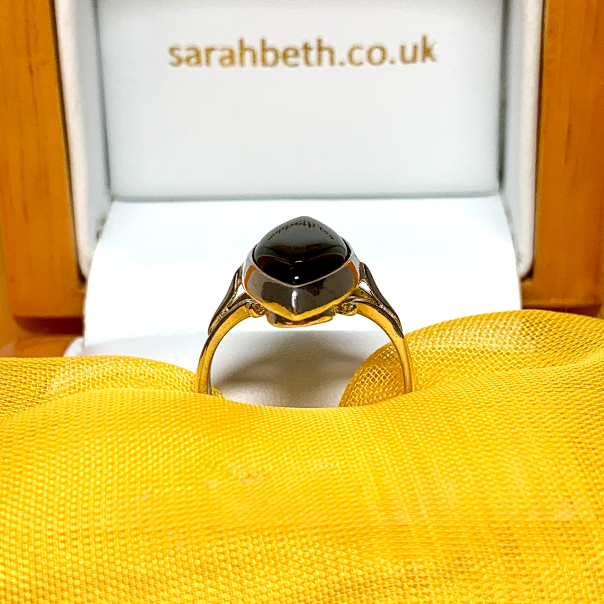 Real jet ring black sterling silver marquise shaped