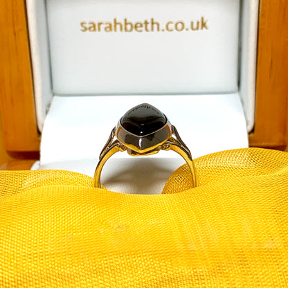 Real jet ring black sterling silver marquise shaped