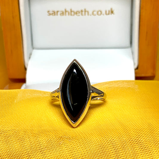 Real jet ring black sterling silver marquise shaped