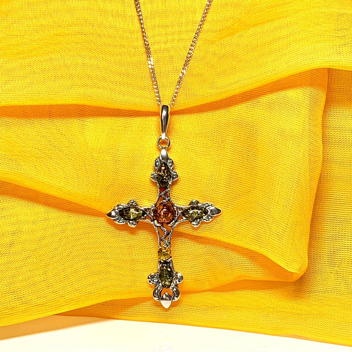 Real large amber cross multi coloured necklace sterling silver