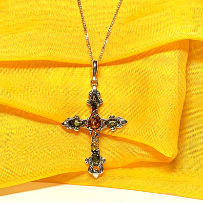 Real large amber cross multi coloured necklace sterling silver