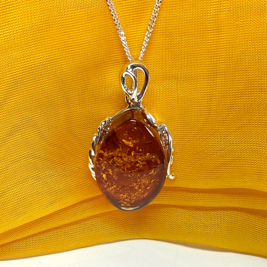 Real large amber necklace marquise shaped pendant sterling silver