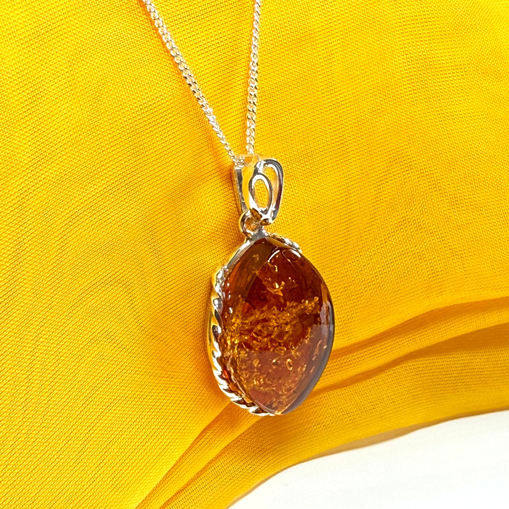 Real large amber necklace marquise shaped pendant sterling silver with chain