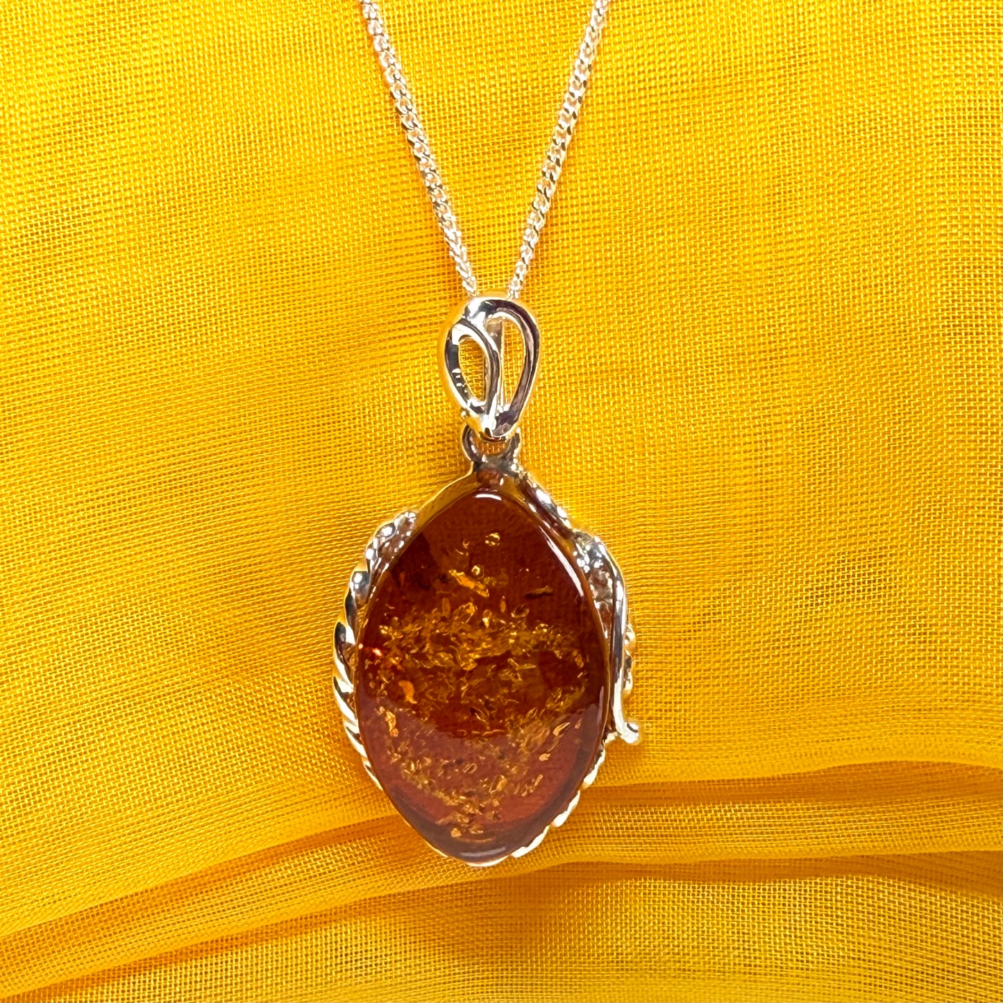 Real large amber necklace marquise shaped pendant sterling silver