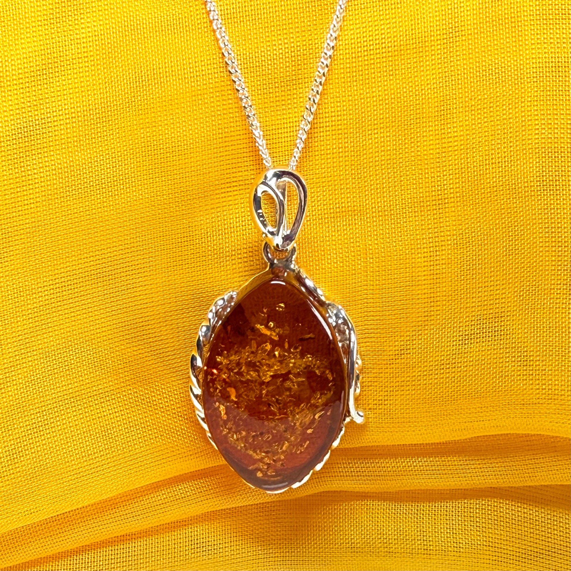 Real large amber necklace marquise shaped pendant sterling silver