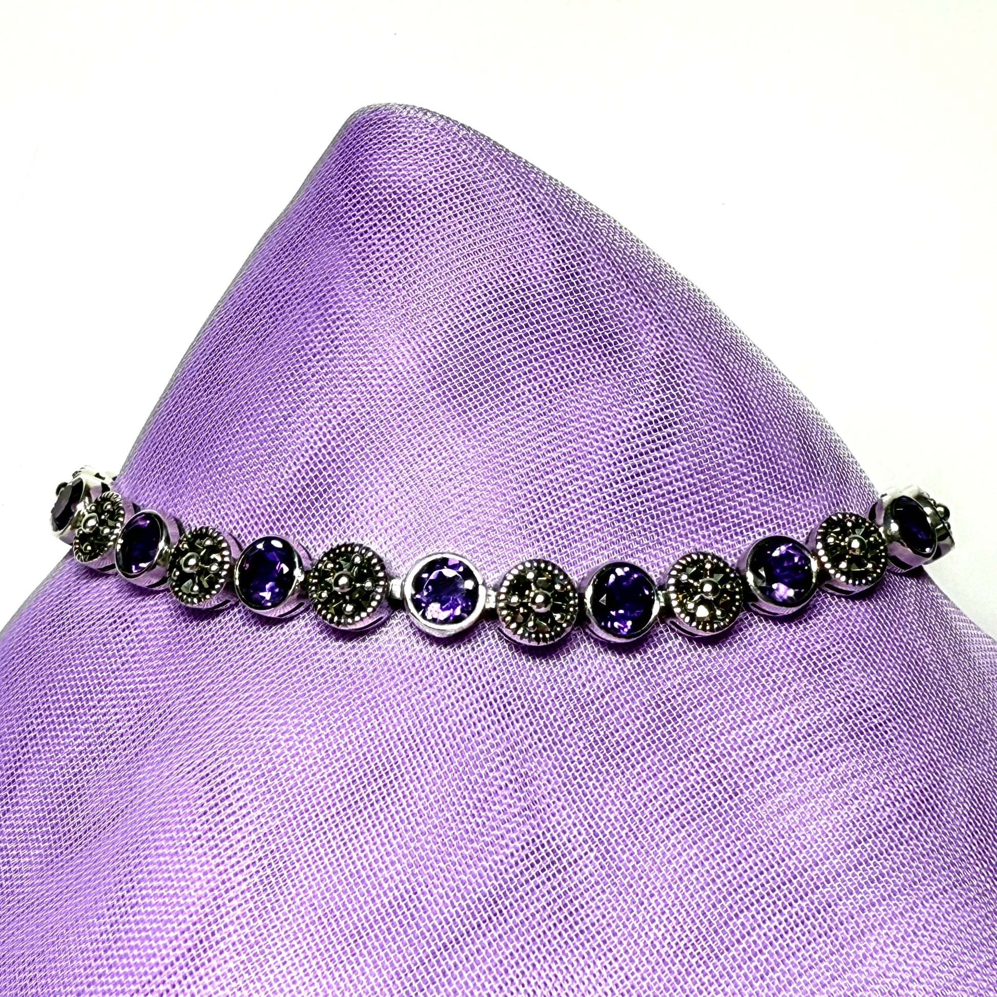 Real marcasite and real amethyst sterling silver bracelet round shaped