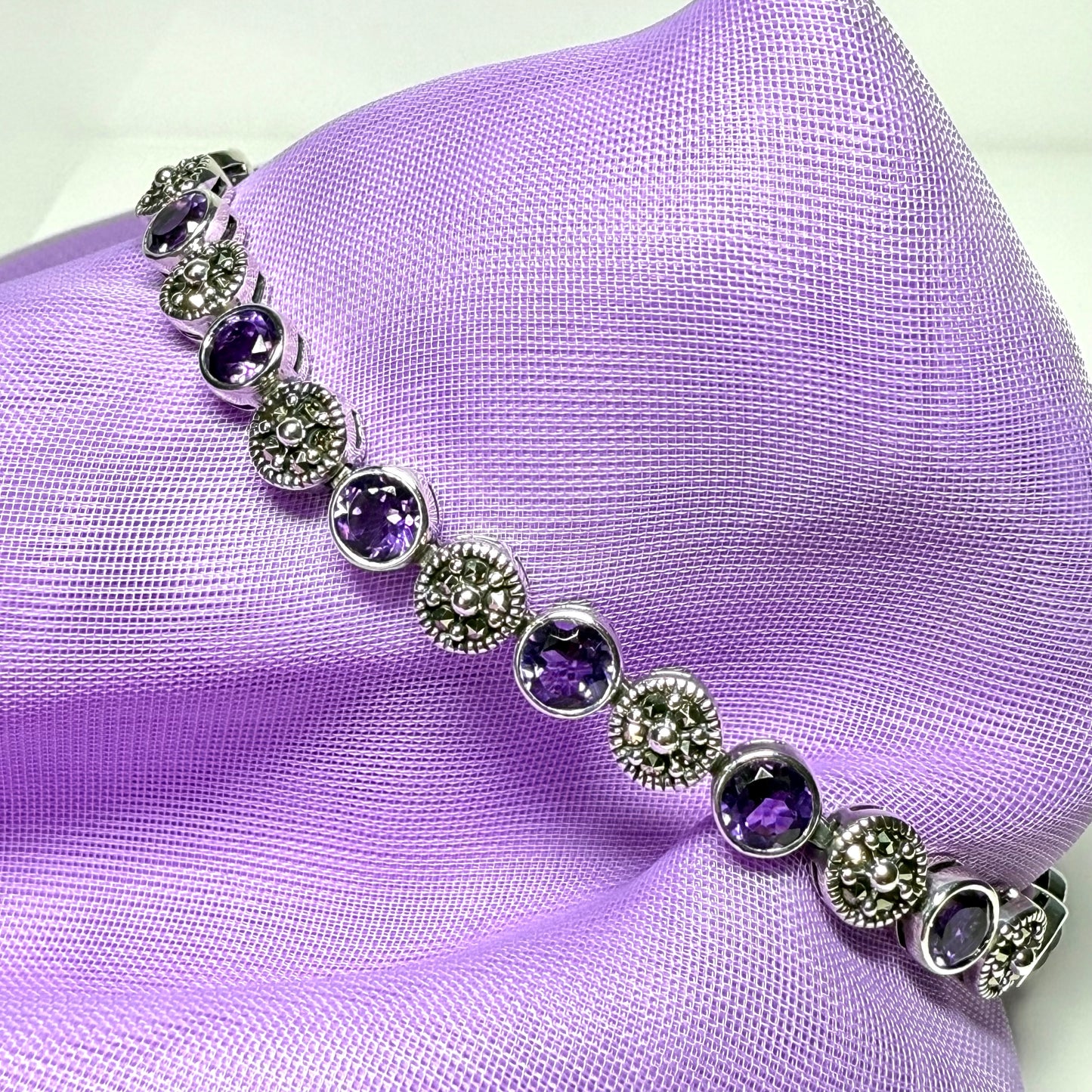 Real marcasite and real amethyst sterling silver bracelet round shaped