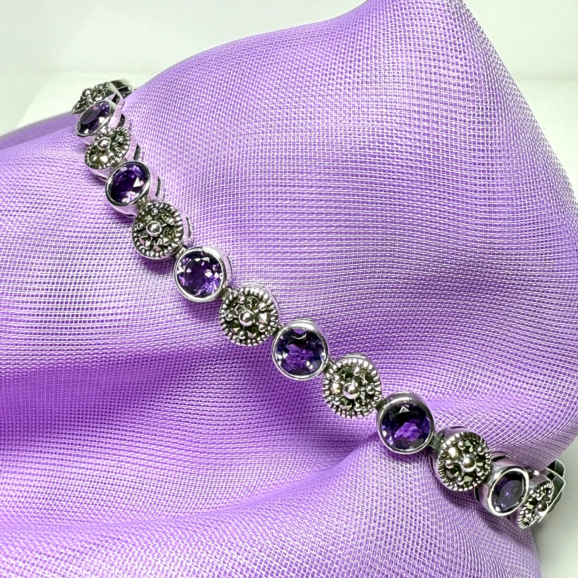 Real marcasite and real amethyst sterling silver bracelet round shaped