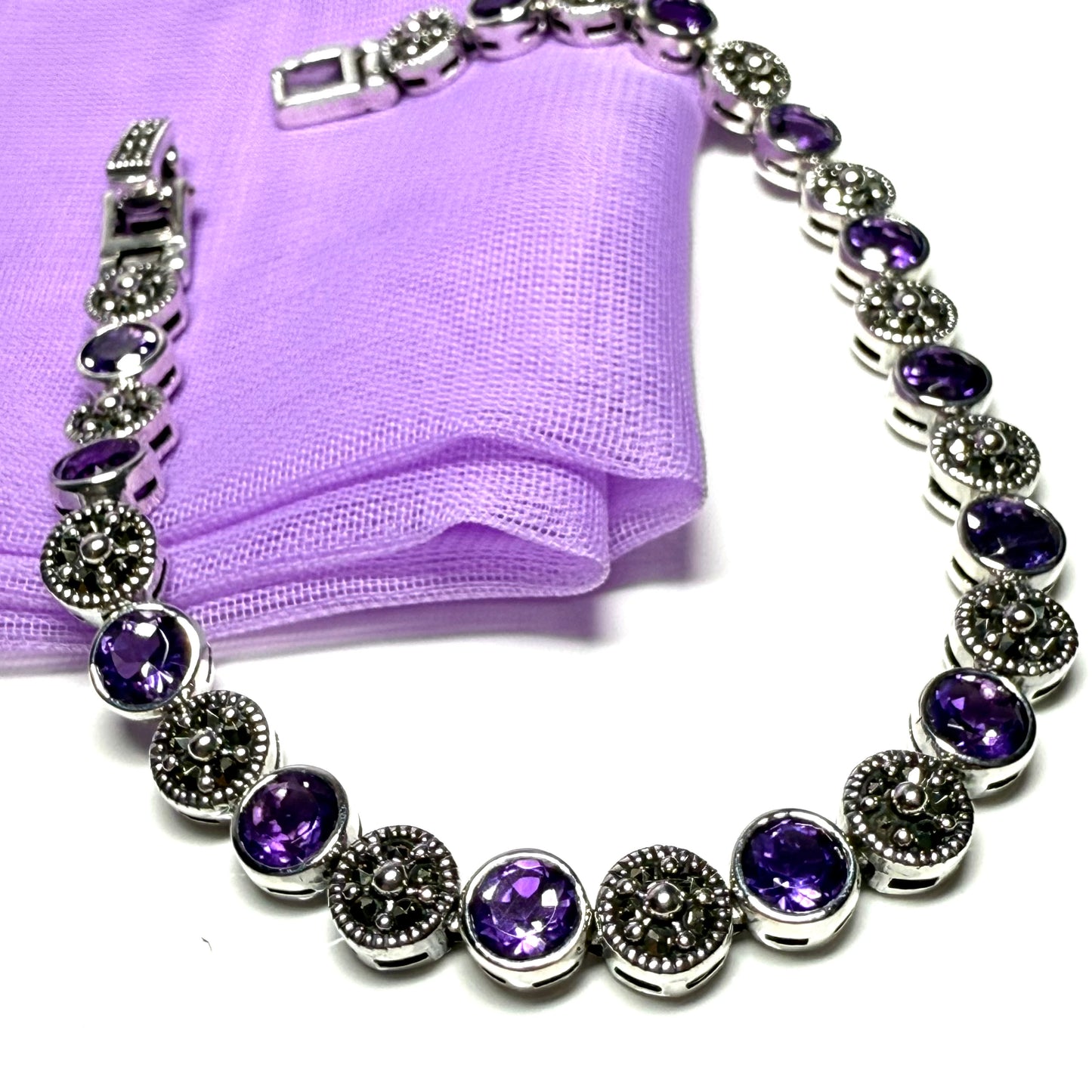 Real marcasite and real amethyst sterling silver bracelet round shaped