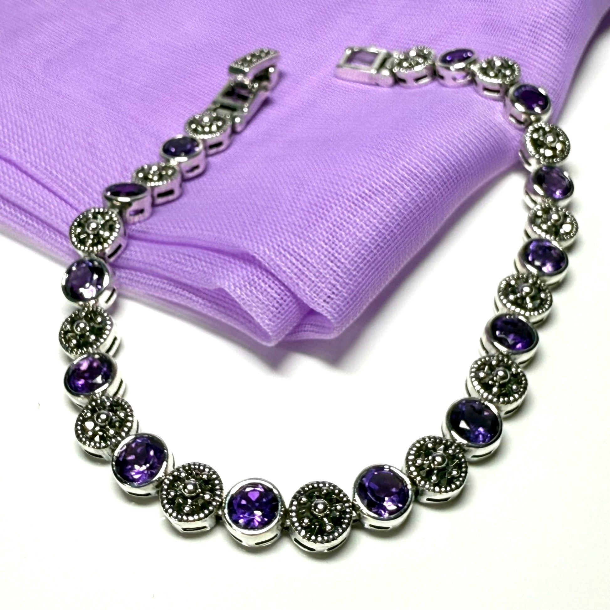 Real marcasite and real amethyst sterling silver bracelet round shaped