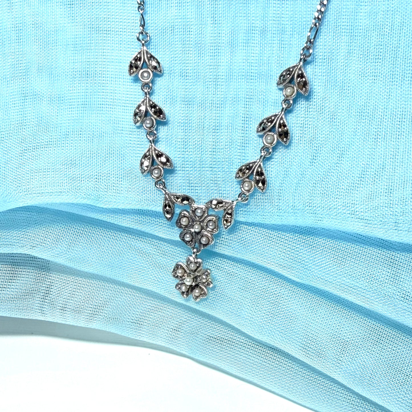 Real marcasite and real freshwater pearl flower shaped necklace sterling silver