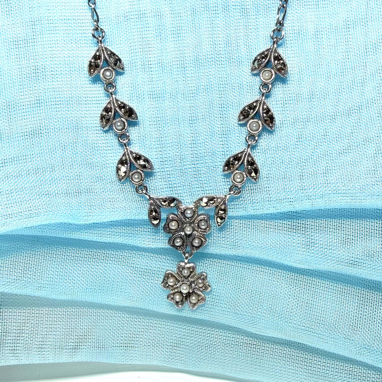 Real marcasite and real freshwater pearl flower shaped necklace sterling silver