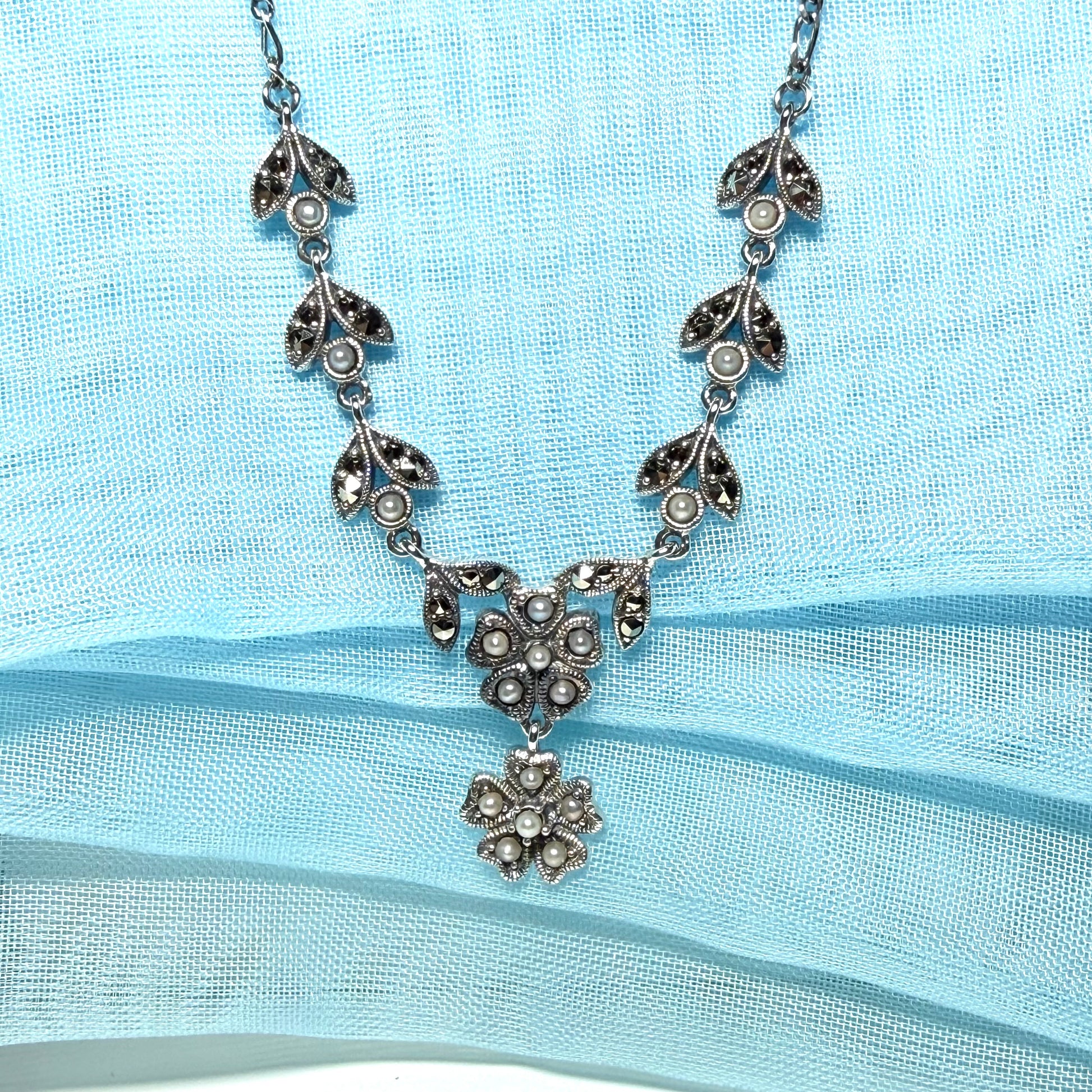 Real marcasite and real freshwater pearl flower shaped necklace sterling silver