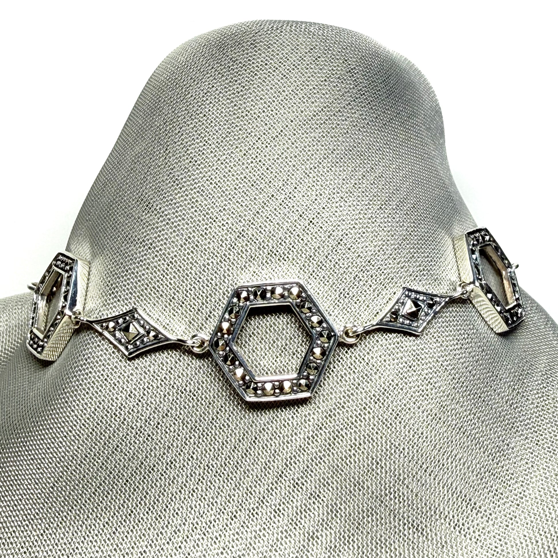 Marcasite bracelet sterling silver ladies open hexagonal fancy link