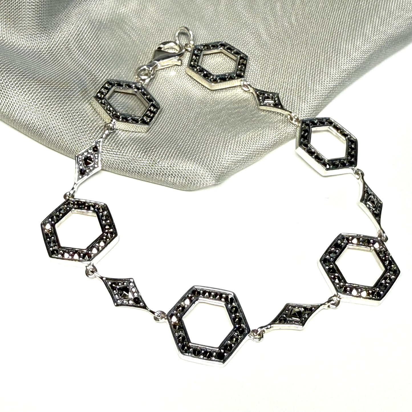 Marcasite bracelet sterling silver ladies open hexagonal fancy link
