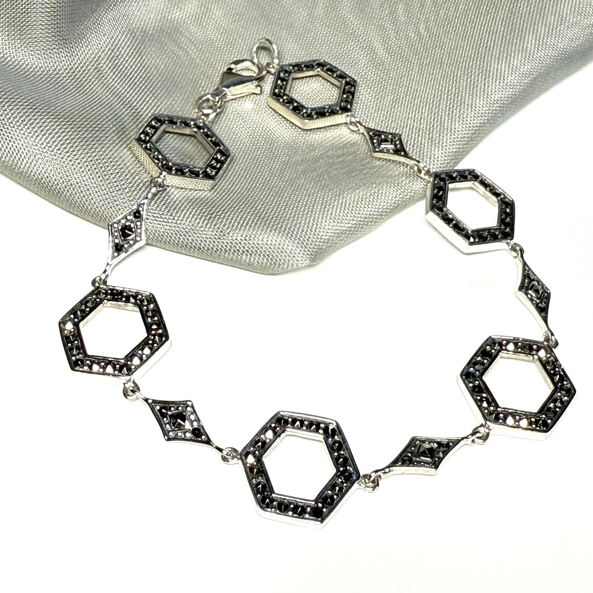 Marcasite bracelet sterling silver ladies open hexagonal fancy link