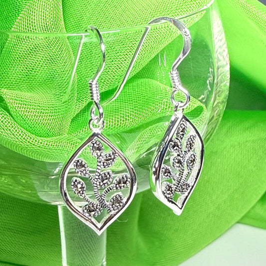 Real marcasite drop earrings marquise shaped sterling silver leaf design