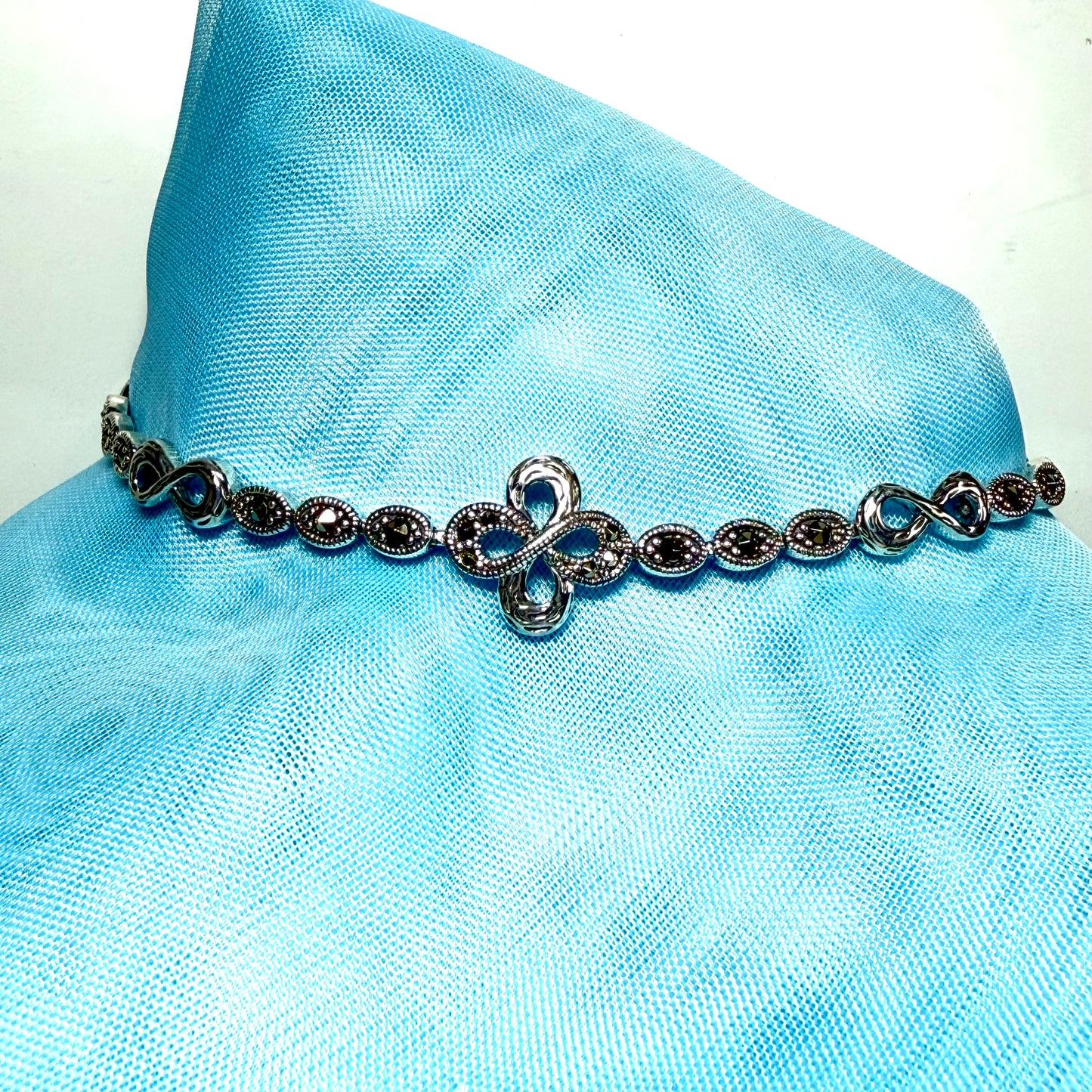 Real marcasite sterling silver bracelet oval and infinity shaped