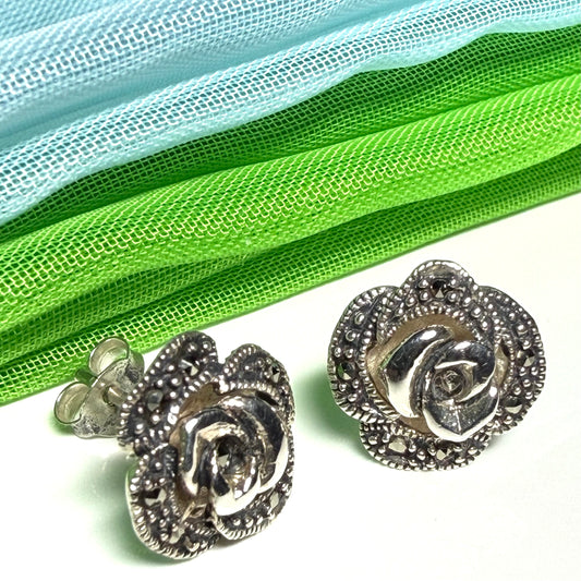 Real marcasite round flower stud earrings sterling silver