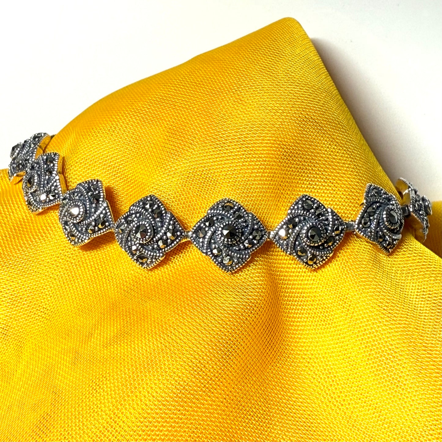 Real marcasite sterling silver bracelet diamond swirl shaped
