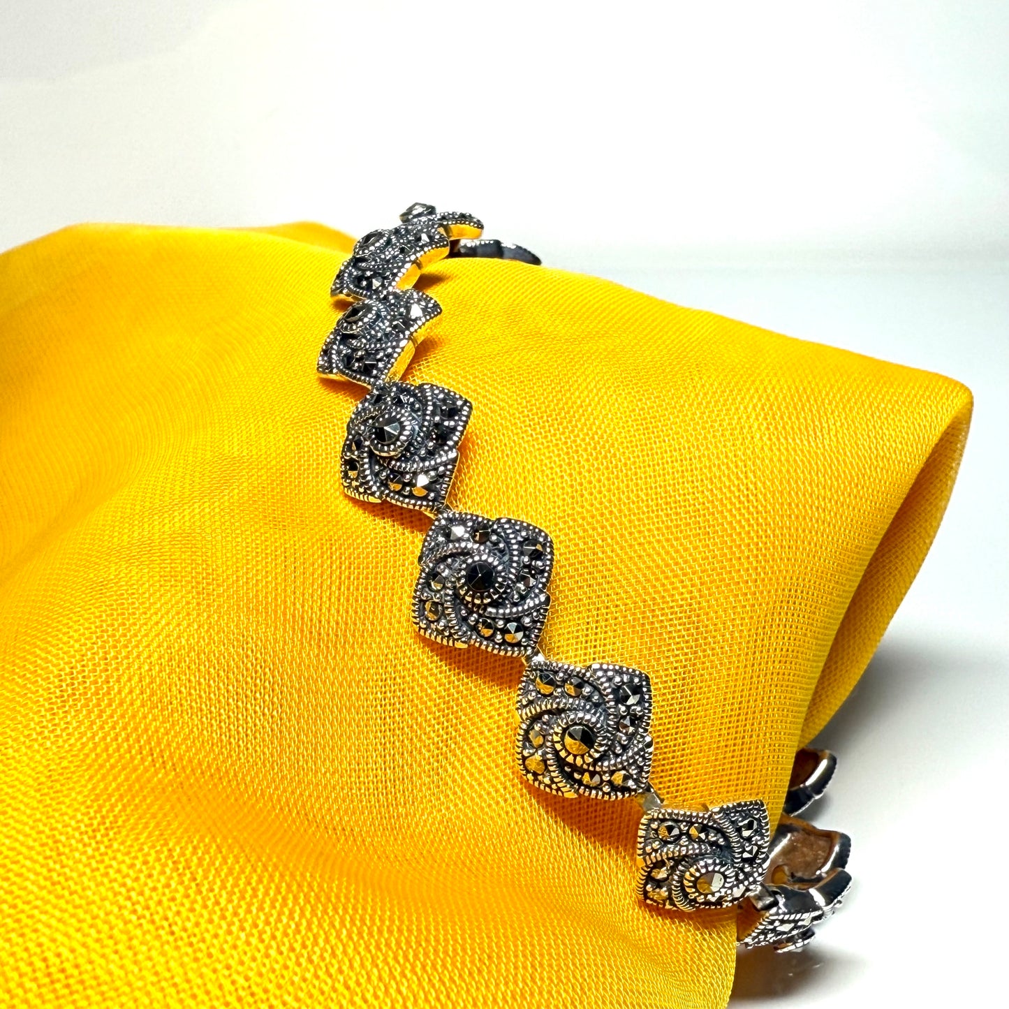 Real marcasite sterling silver bracelet diamond swirl shaped