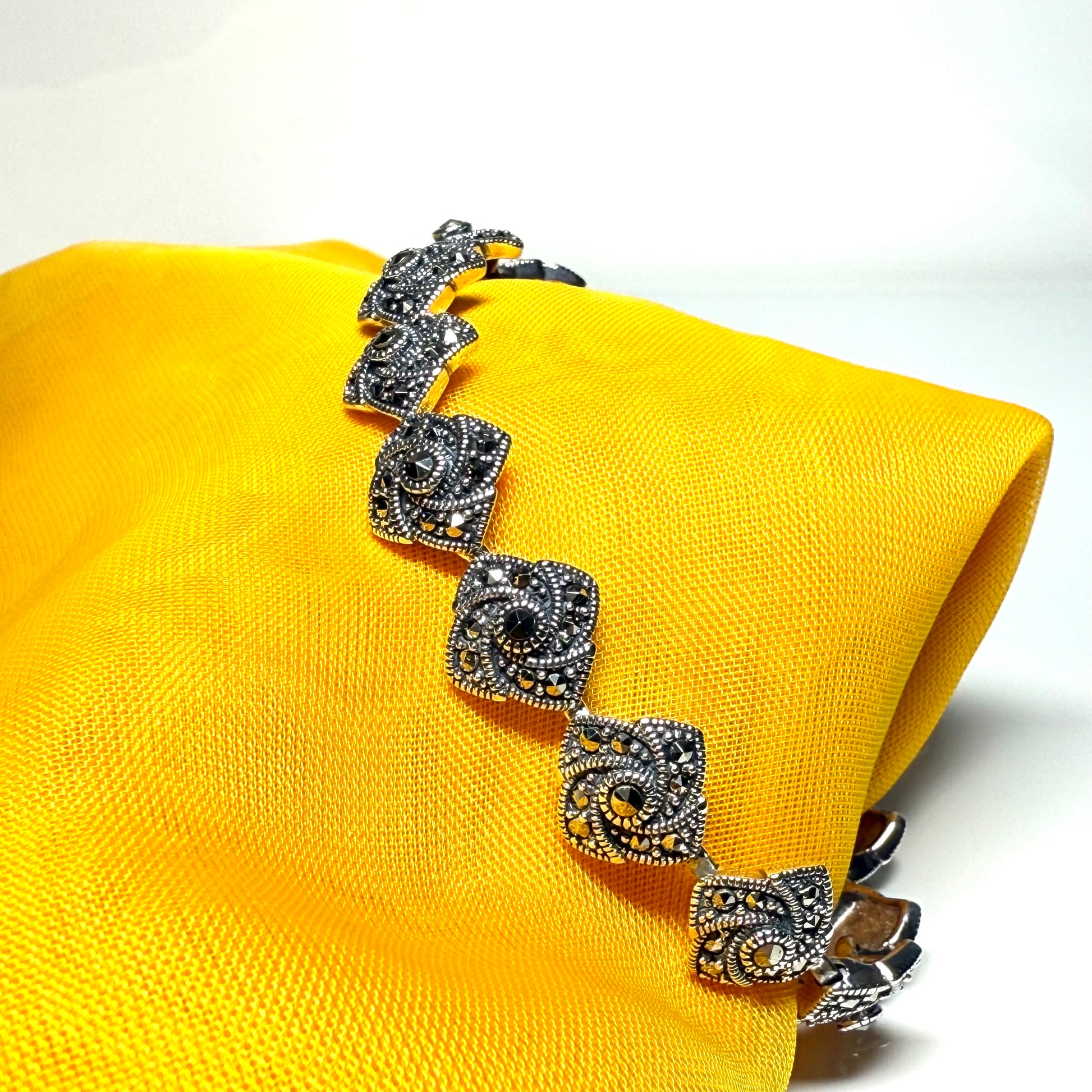 Real marcasite sterling silver bracelet diamond swirl shaped