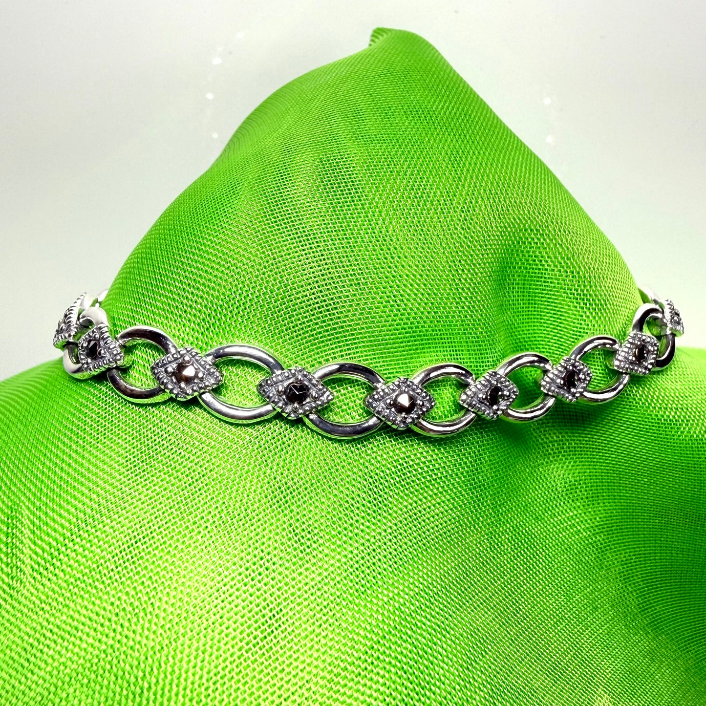 Real marcasite sterling silver bracelet open oval and diamond shaped
