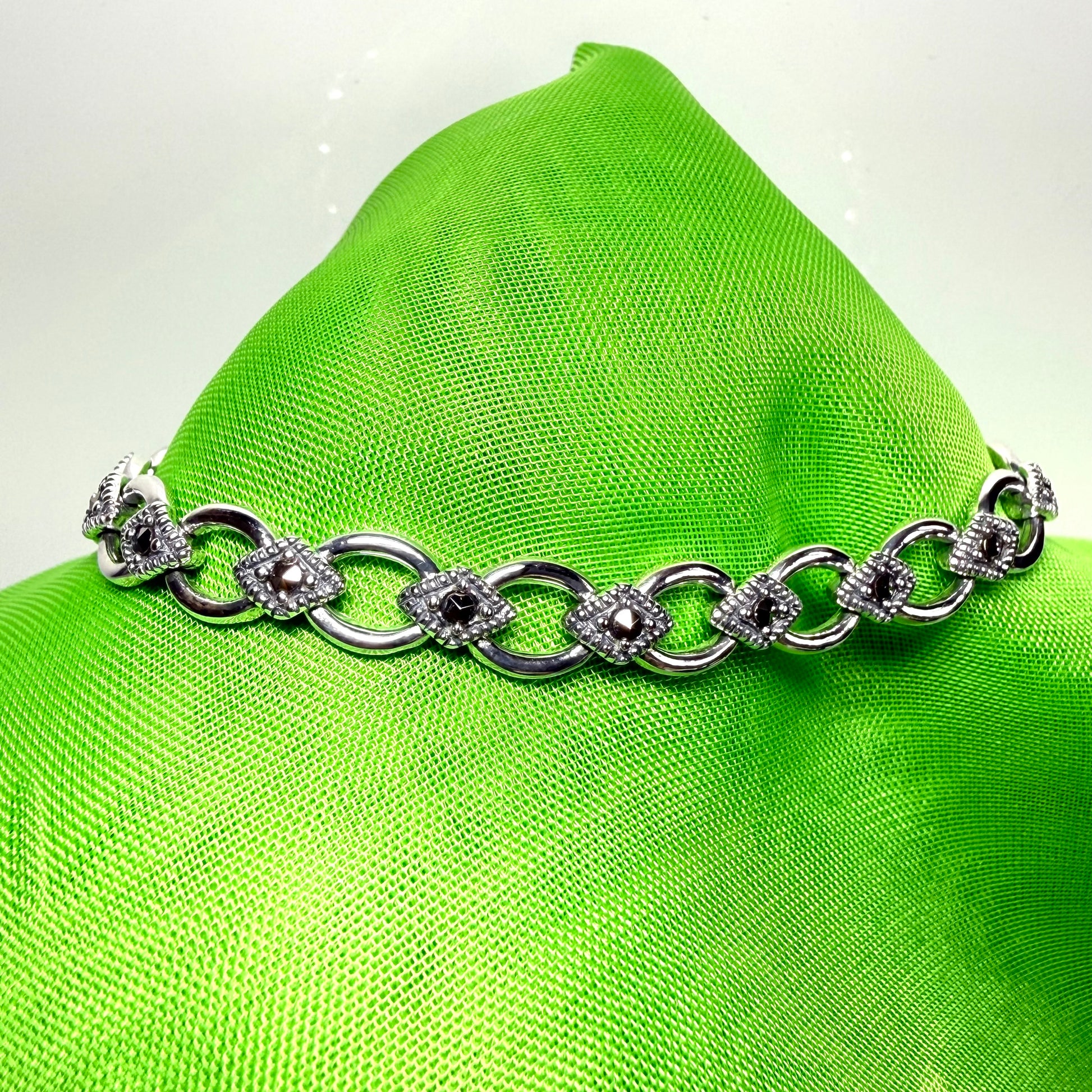 Real marcasite sterling silver bracelet open oval and diamond shaped
