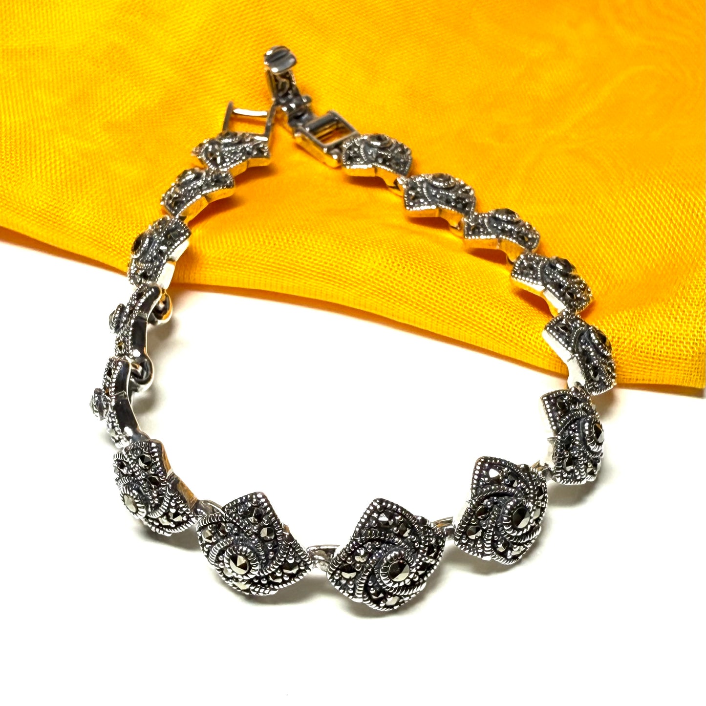 Real marcasite sterling silver bracelet diamond swirl shaped
