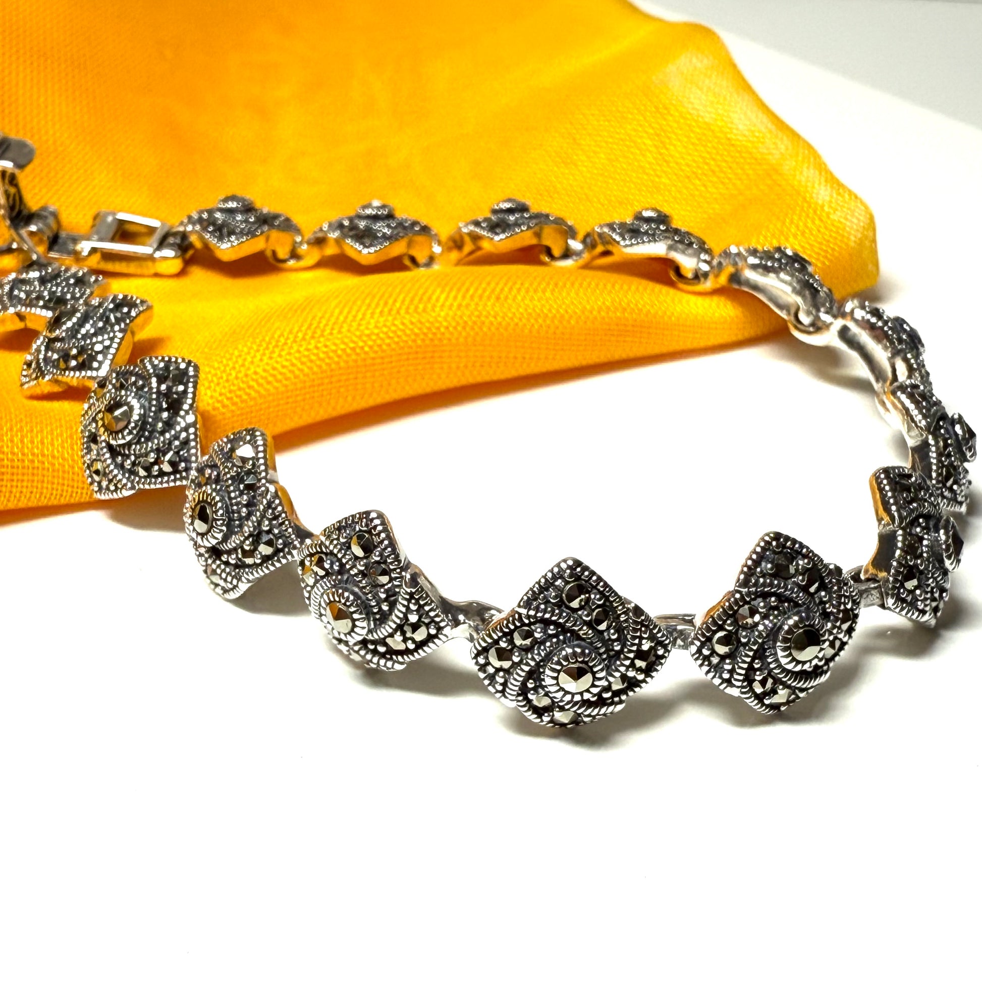 Real marcasite sterling silver bracelet diamond swirl shaped