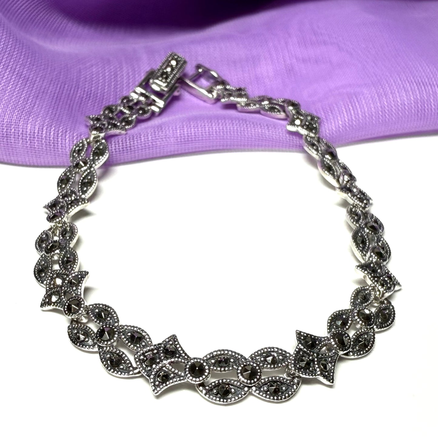 Real marcasite sterling silver bracelet fancy link shape