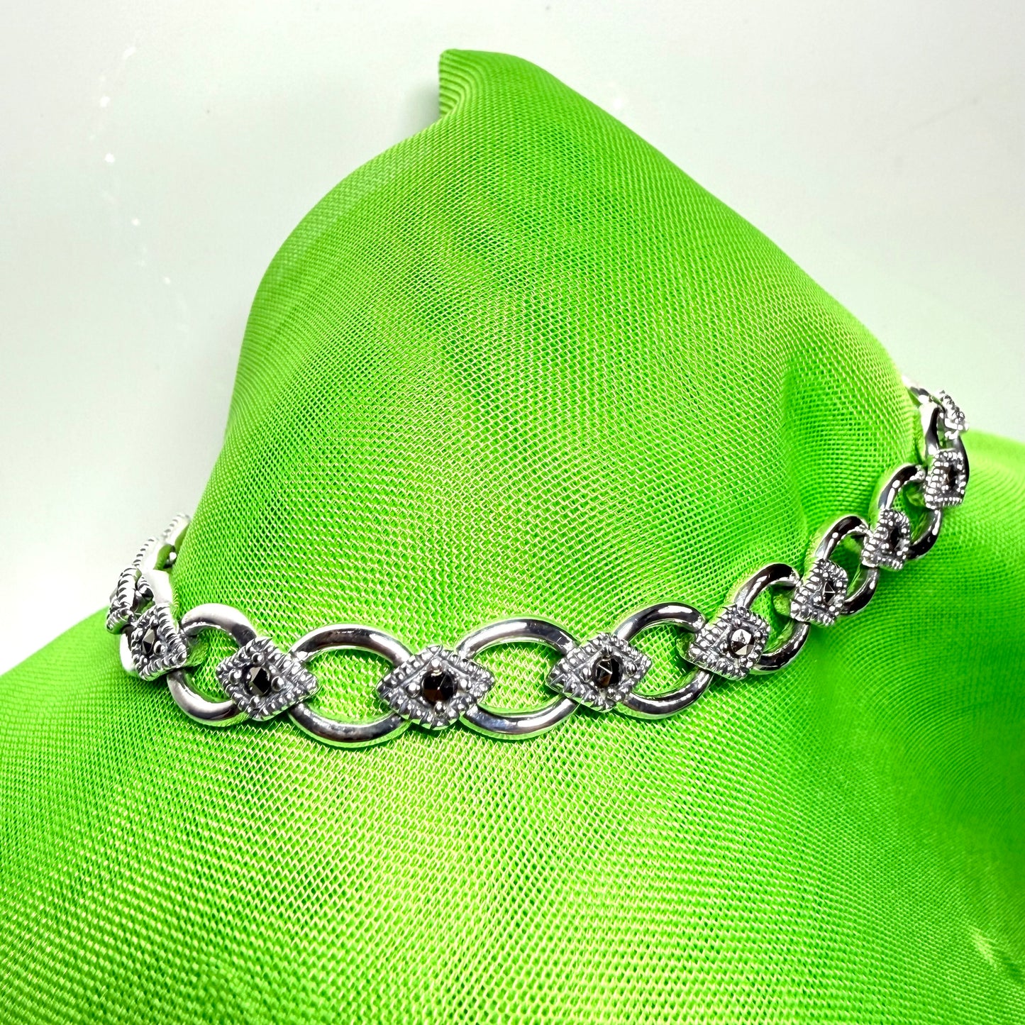 Real marcasite sterling silver bracelet open oval and diamond shaped