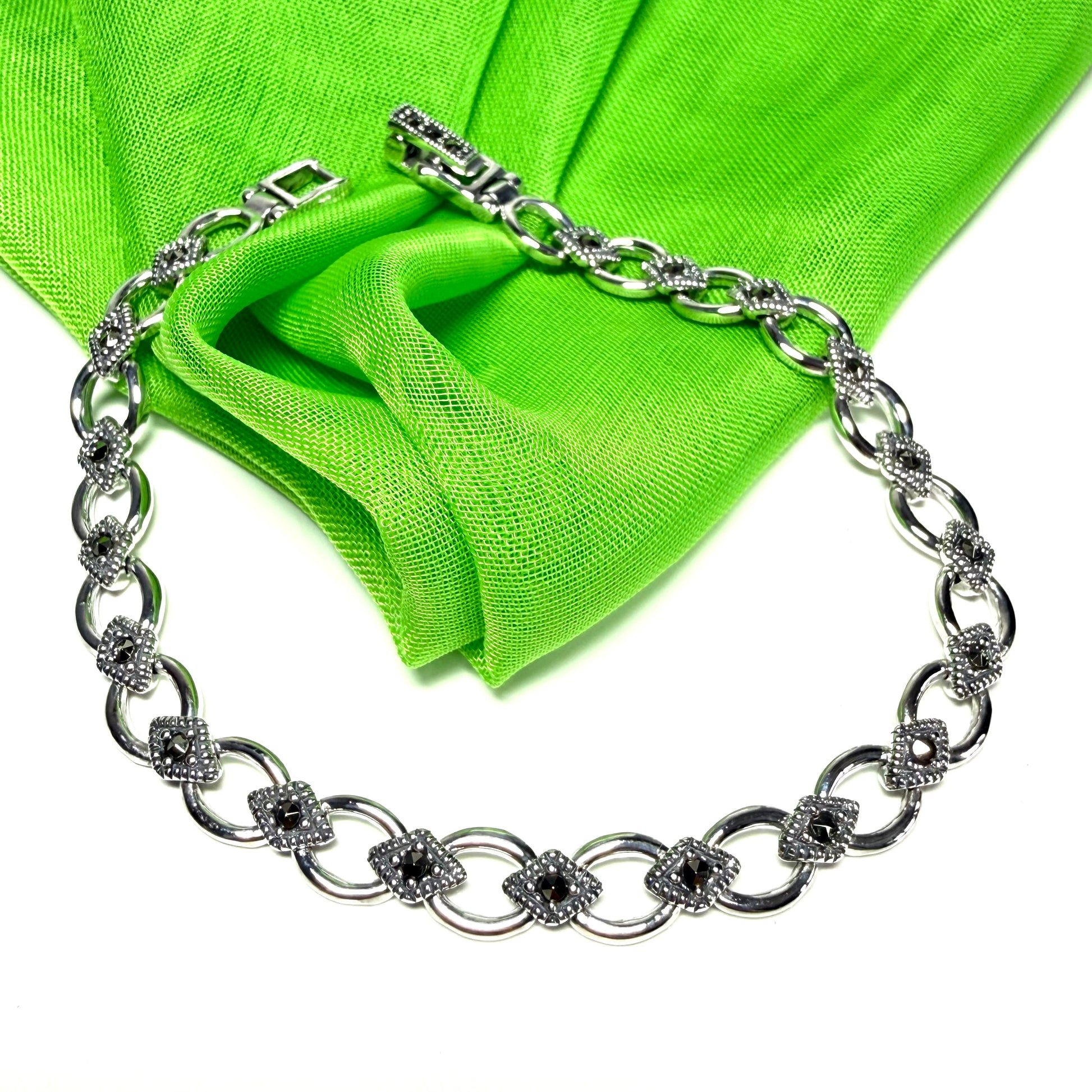 Real marcasite sterling silver bracelet open oval and diamond shaped