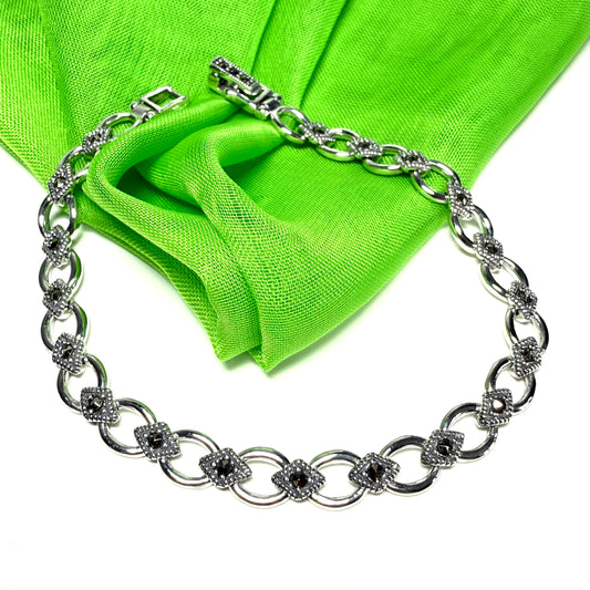 Real marcasite sterling silver bracelet open oval and diamond shaped