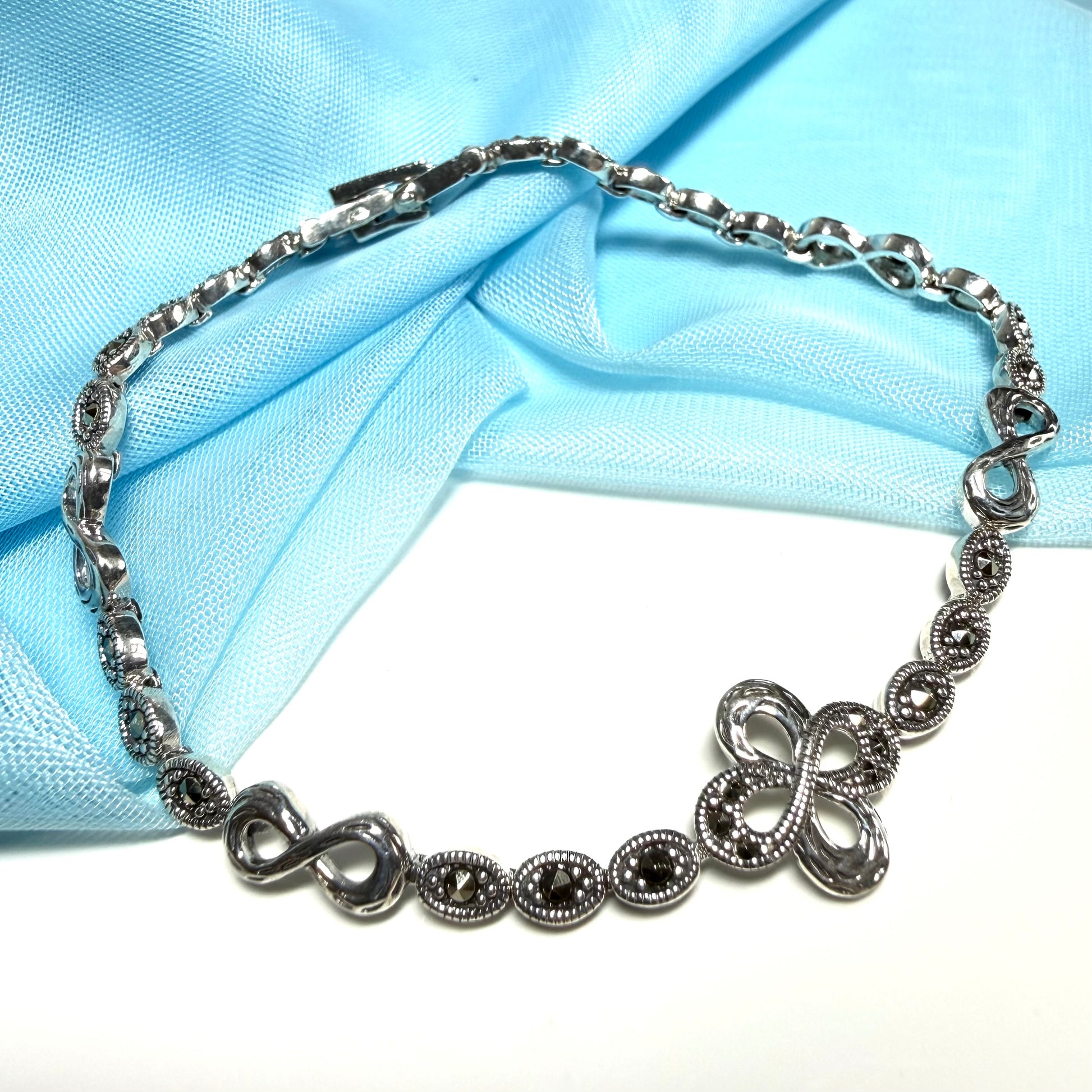 Real marcasite sterling silver bracelet open oval and infinity shaped