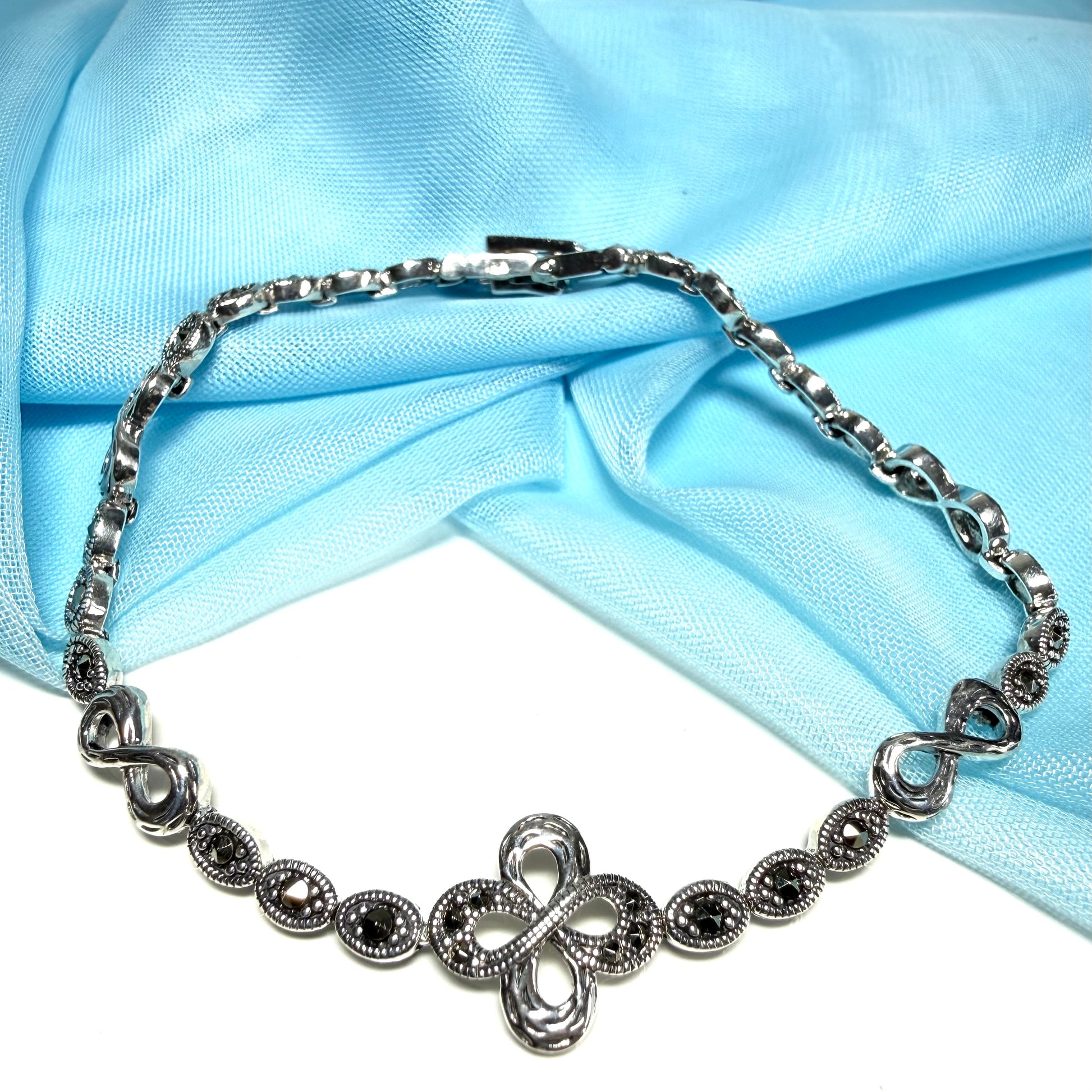 Real marcasite sterling silver bracelet open oval and infinity shaped