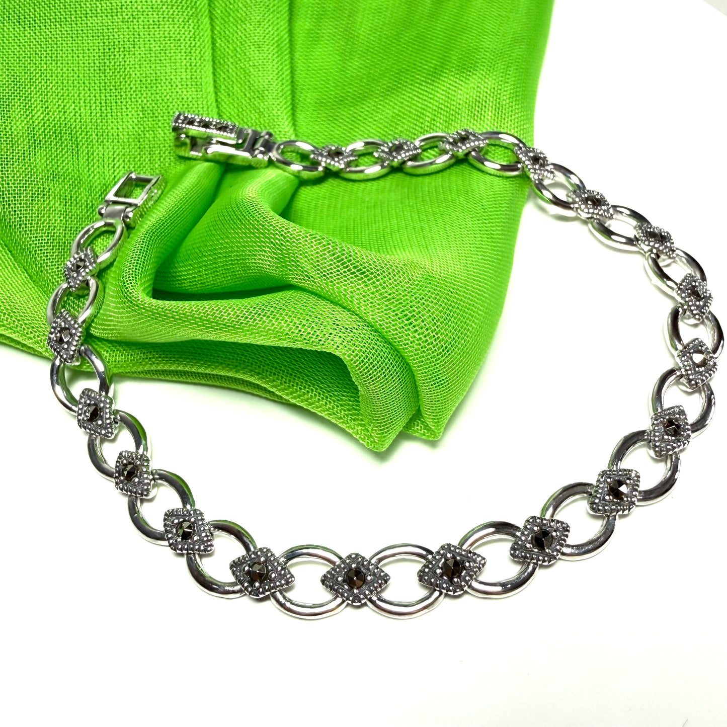 Real marcasite sterling silver bracelet open oval and diamond shaped