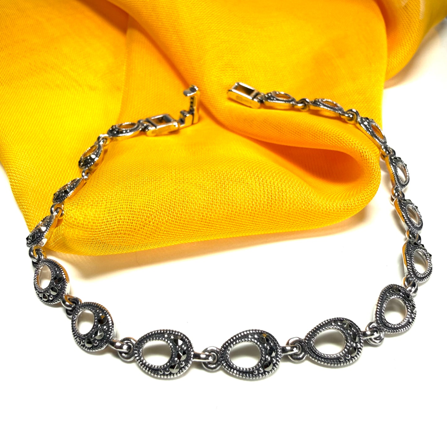 Real marcasite sterling silver bracelet open oval shaped design