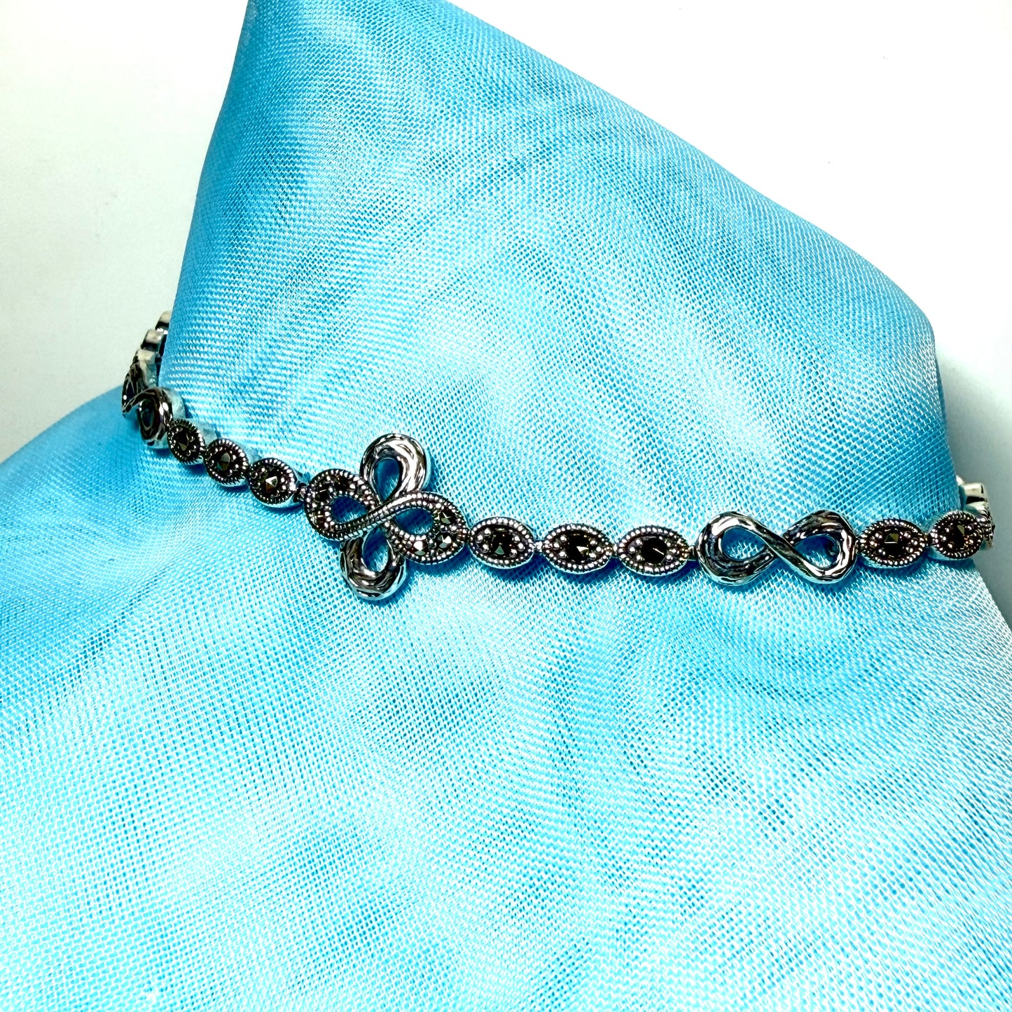 Real marcasite sterling silver bracelet oval and infinity shaped