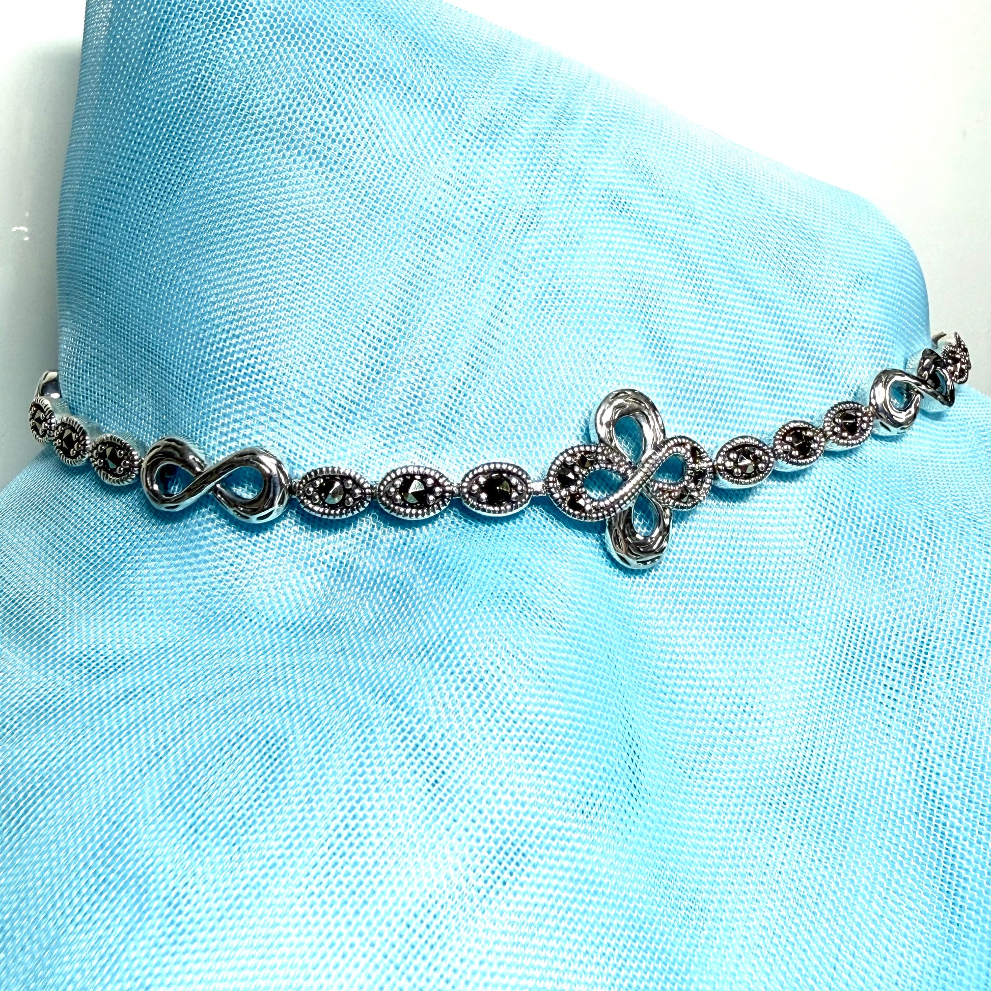 Real marcasite sterling silver bracelet open oval and infinity shaped