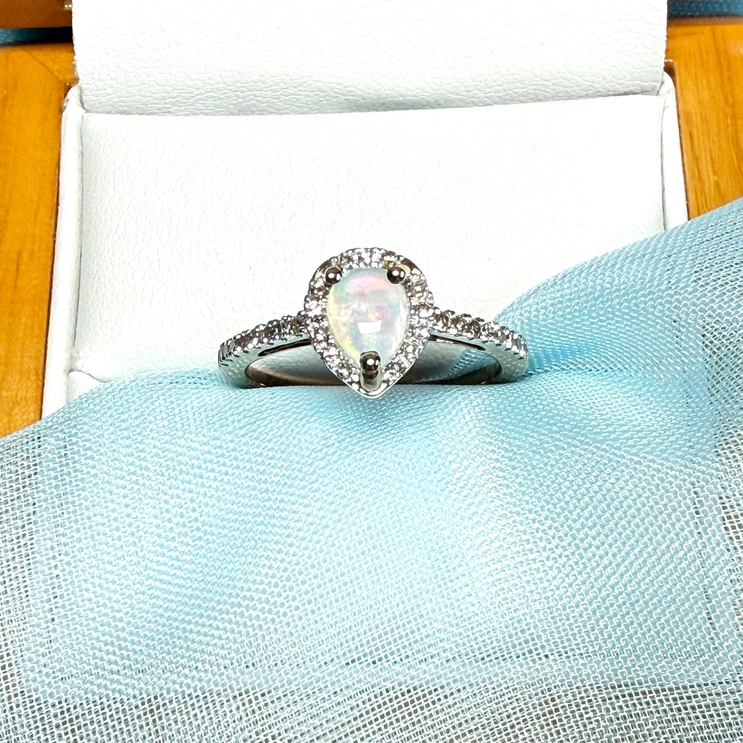 Real opal and real diamond yellow gold pear shaped cluster ring