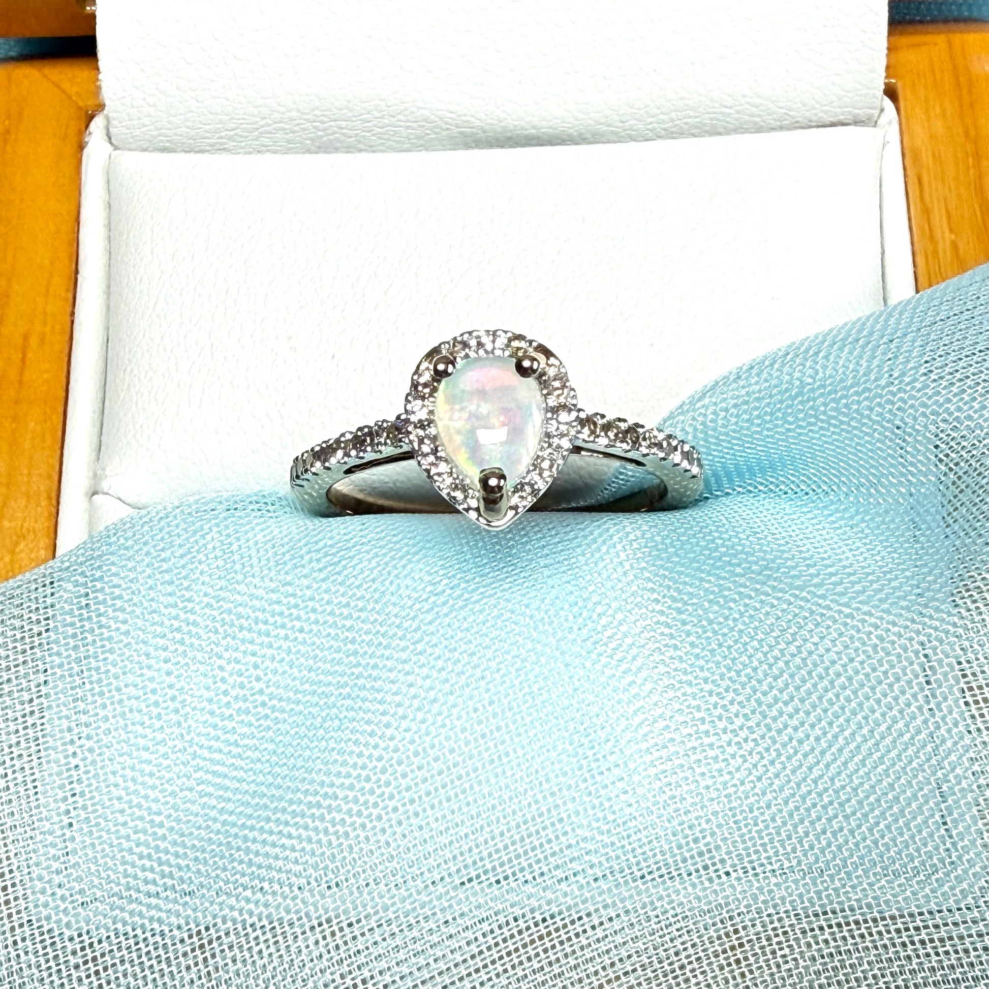 Real opal and real diamond yellow gold pear shaped cluster ring