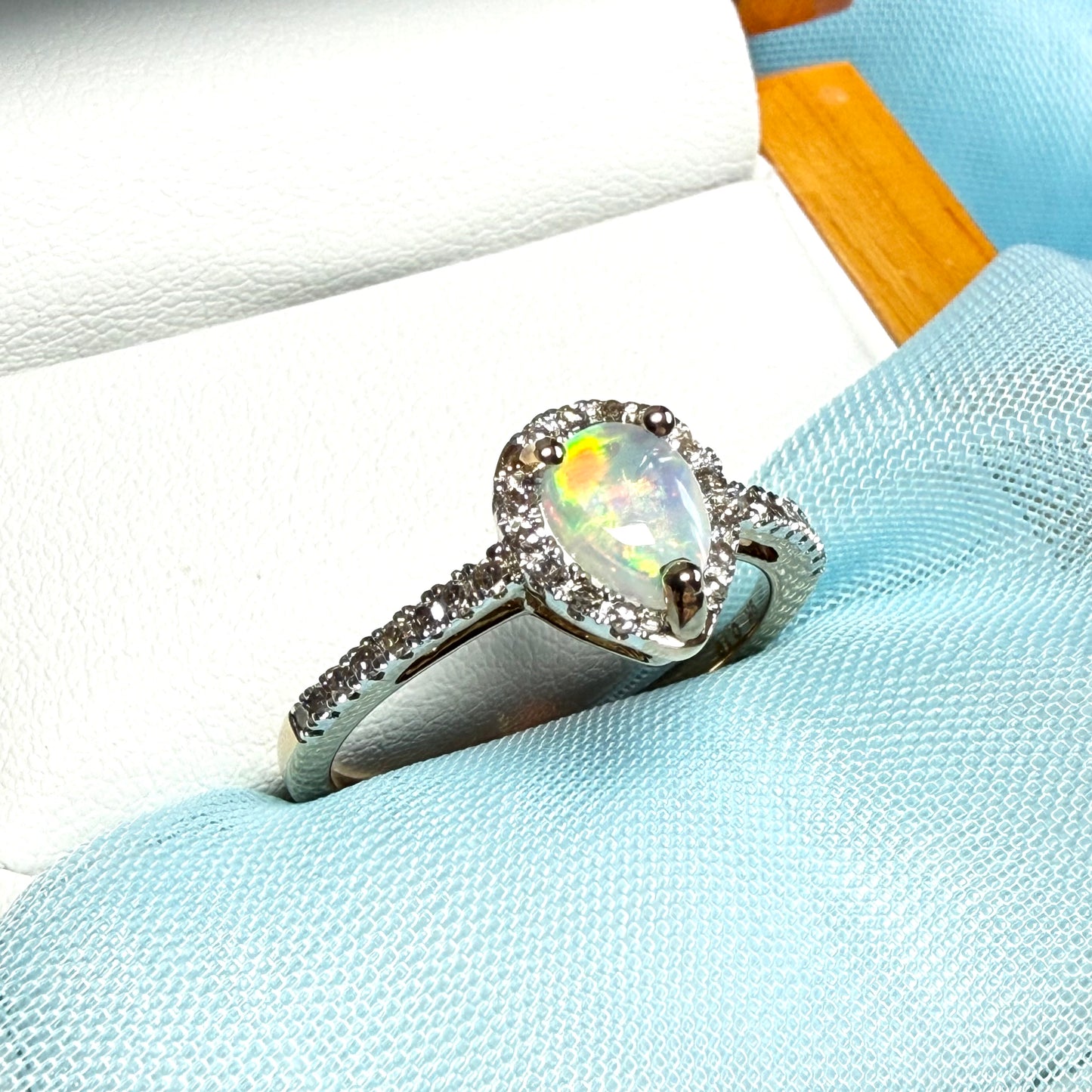 Real opal and real diamond yellow gold pear shaped cluster ring
