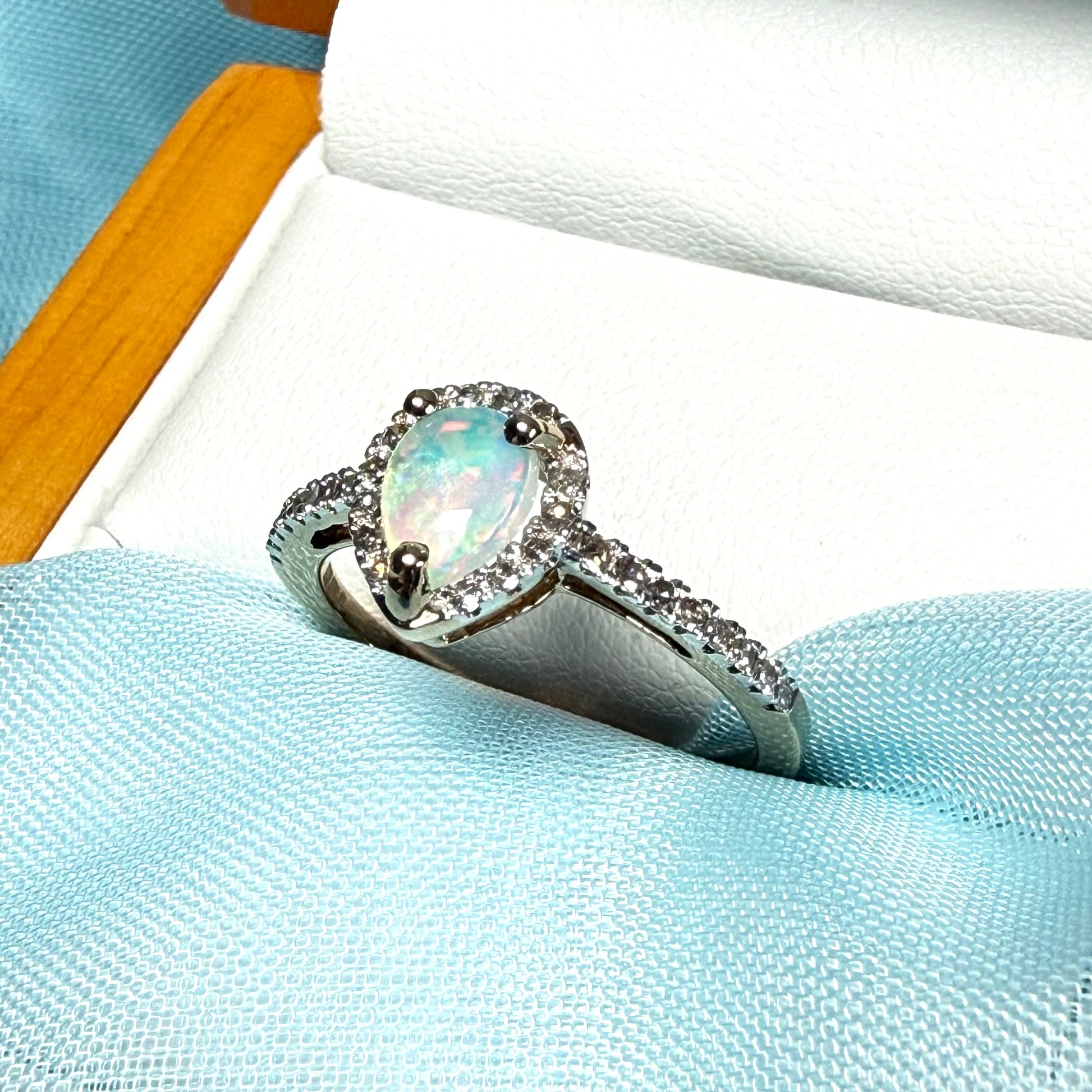 Real opal and real diamond yellow gold pear shaped cluster ring